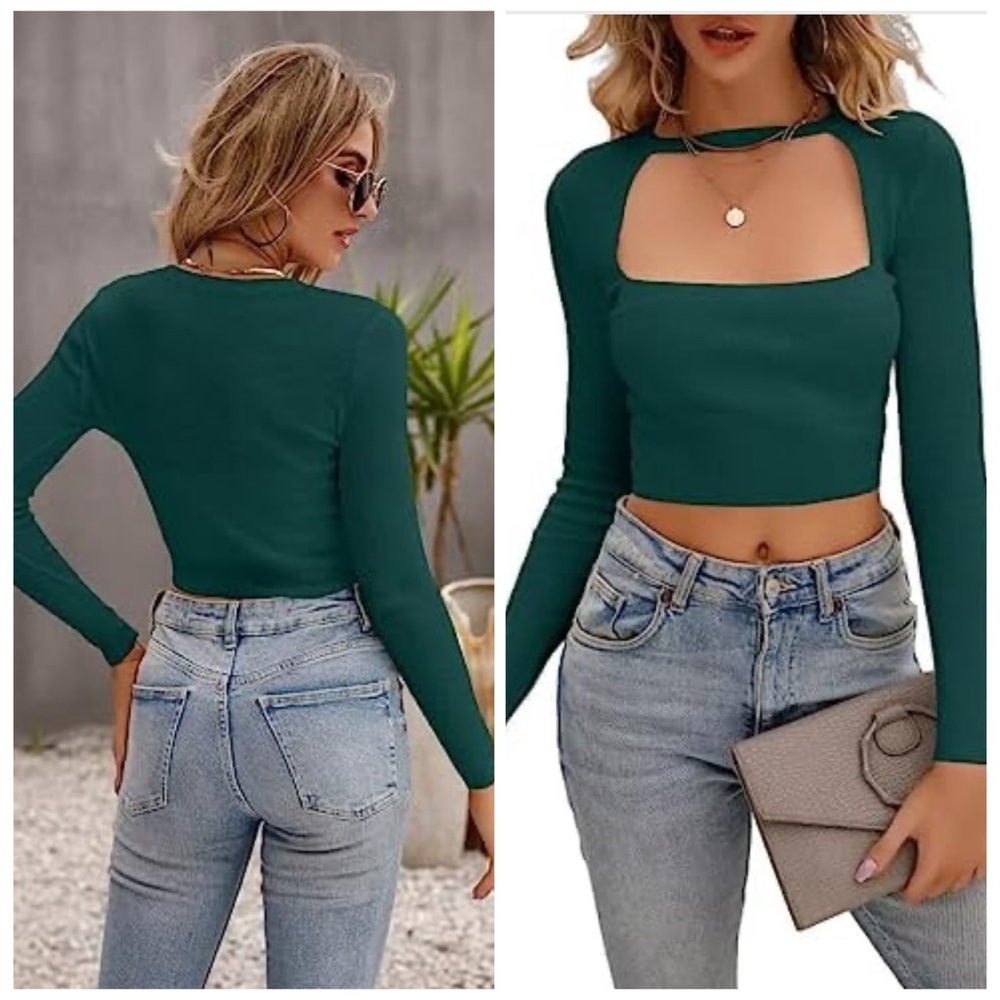 NWT Womens Long Sleeve Shirts Women's Sexy Square Neck‎ Basic Crop Top SIZE L